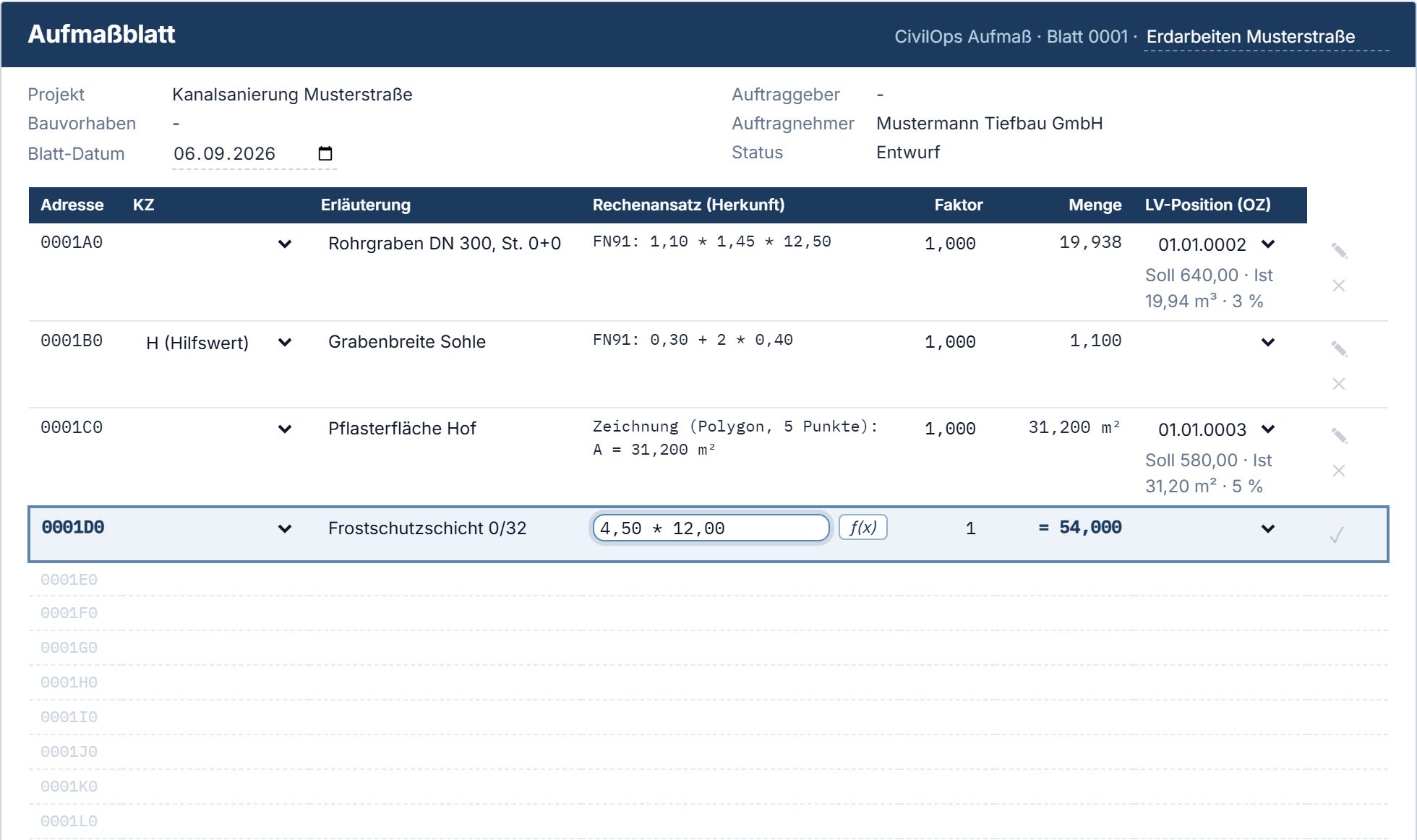 Aktueller Screenshot aus CivilOps Aufmaß: Direkt auf dem Blatt erfassen