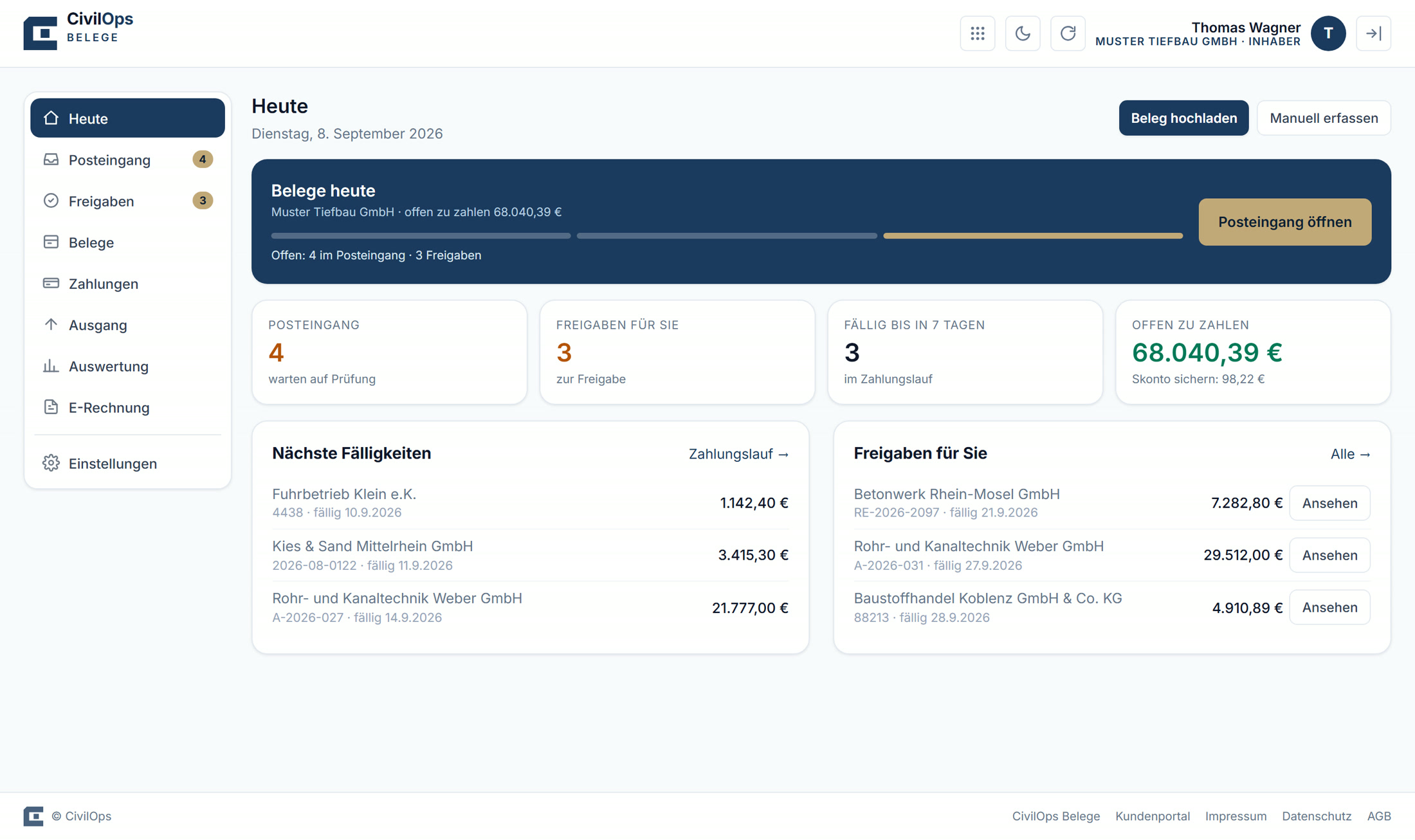 Screenshot aus CivilOps Belege: Startseite „Heute“ des Betriebs Muster Tiefbau GmbH mit vier Kacheln (4 Belege im Posteingang, 3 Freigaben, 3 Fälligkeiten in den nächsten 7 Tagen, 68.040,39 € offen mit Skonto-Hinweis) sowie den Listen „Nächste Fälligkeiten“ und „Freigaben für Sie“.